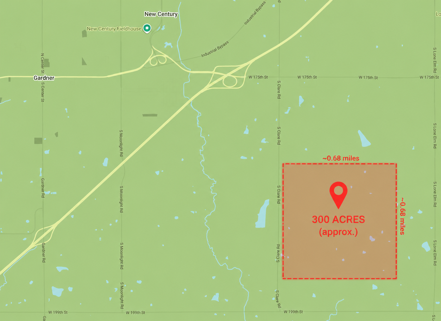 Map near Gardner showing an approximate 300-acre proposed data center site outline.